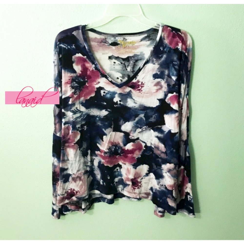 Show Me Your Mumu Floral V-Neck Long Sleeve Relaxed Swing Dolman Blouse Tunic L
